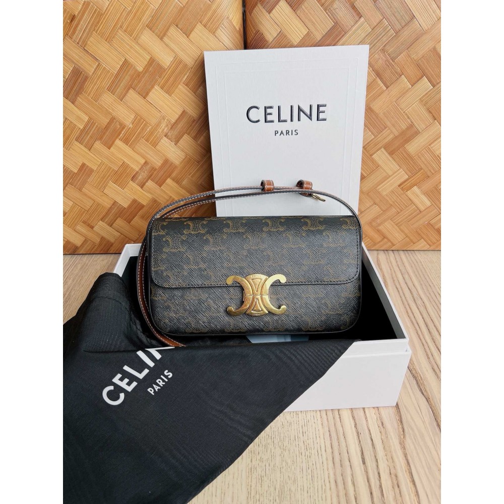 Celine Claude Shoulder Bag in Black Triomphe Canvas