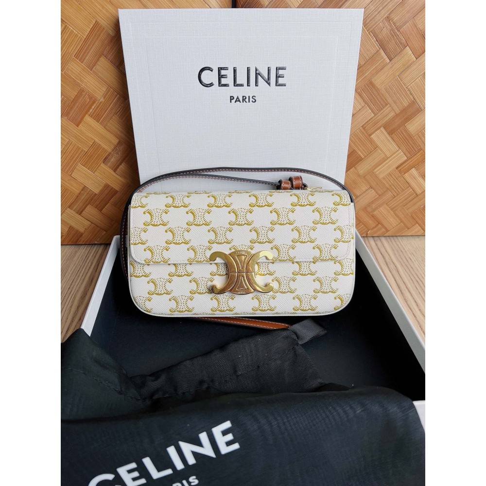 Celine Claude Shoulder Bag in White Triomphe Canvas