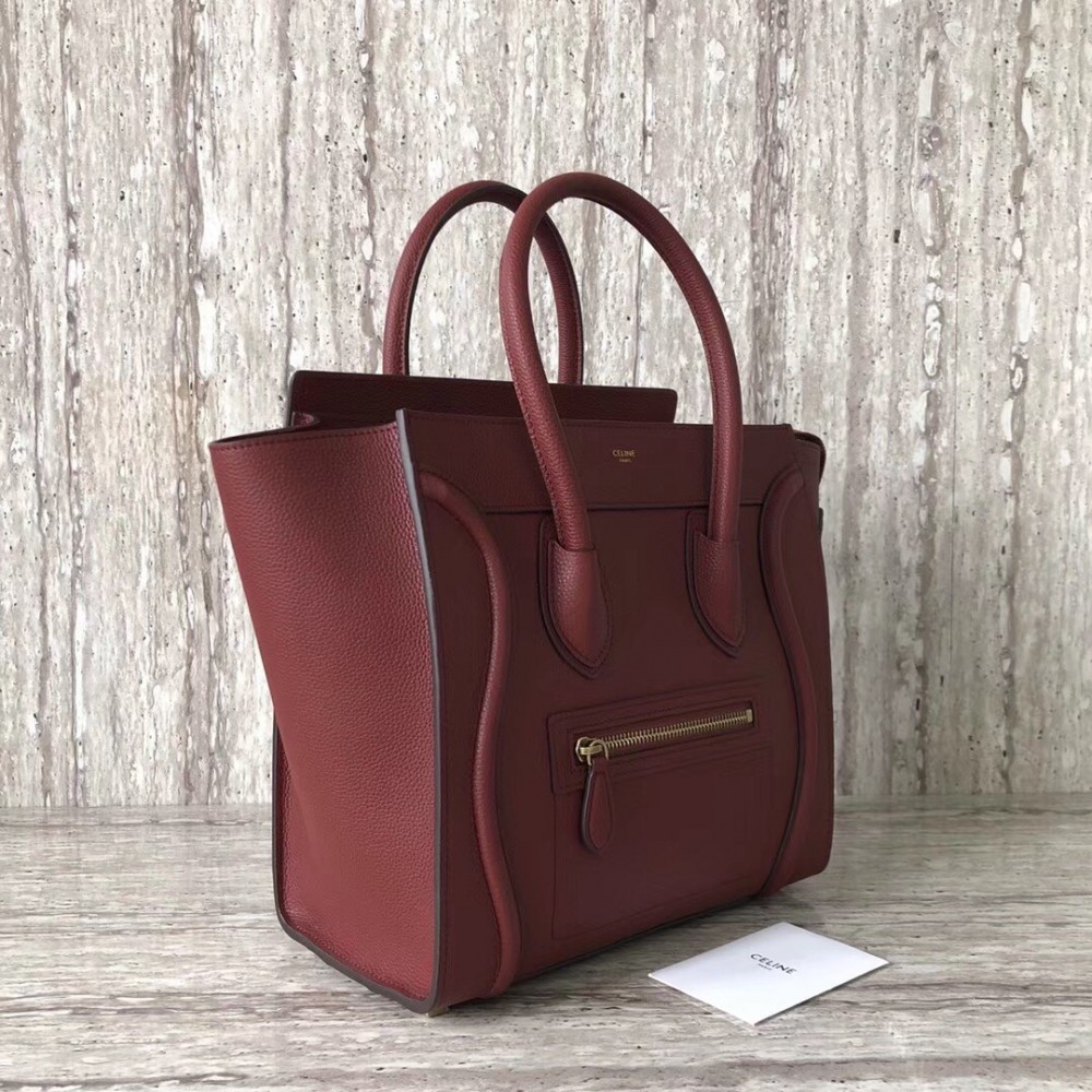 Celine Micro Luggage Tote Bag In Dark Red Drummed Calfskin