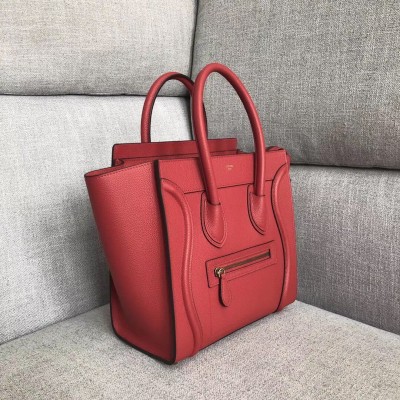 Celine Micro Luggage Tote Bag In Red Drummed Calfskin CSBS8121