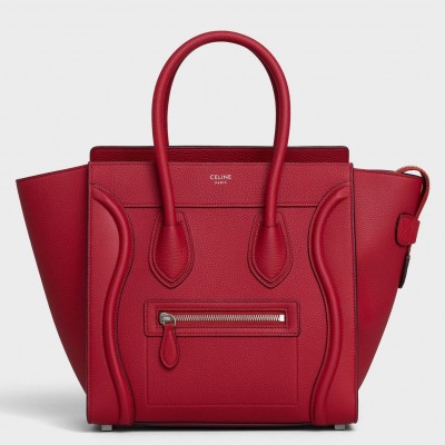 Celine Micro Luggage Tote Bag In Red Drummed Calfskin CSBS8121