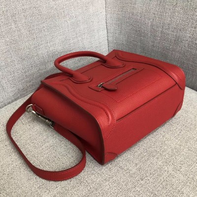 Celine Nano Luggage Tote Bag In Red Drummed Calfskin CSBS8112