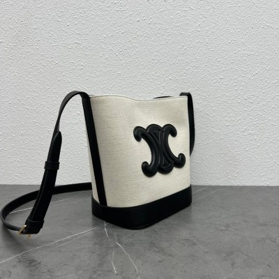 Celine Small Bucket Cuir Triomphe In White Textile CSBS8129